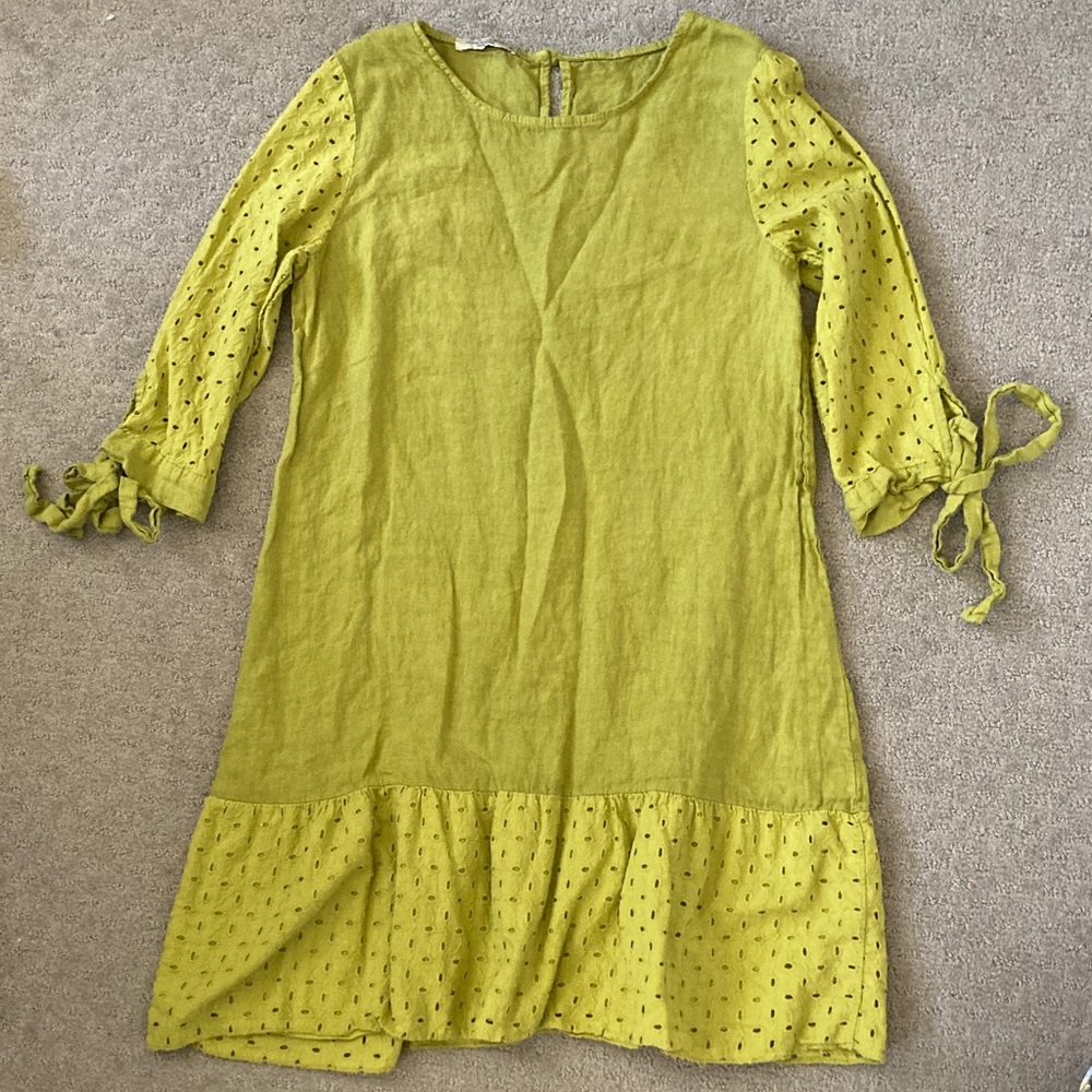 Francesca Bettini chartreuse linen shift dress, Sz Medium.